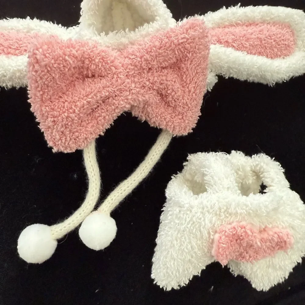 New Adorable labubu White and Pink Bunny Hat and Booties Set